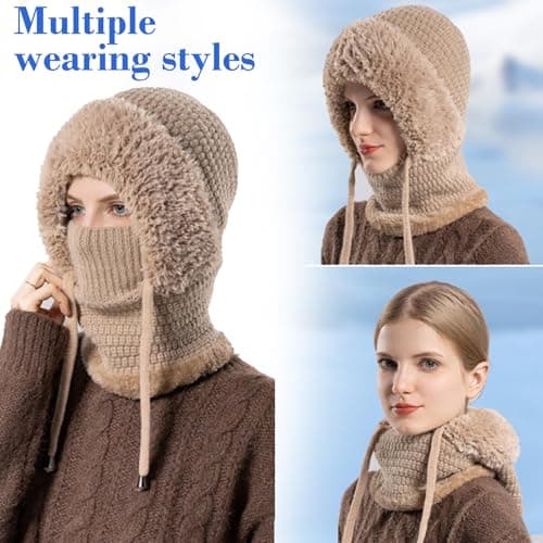 TASBER 3 in 1 Beanie Hat for Women, 3 in 1 Beanie Hat with Scarf and Mask, Women's Outdoors Windproof Scarf Hat (Khaki) — view 2