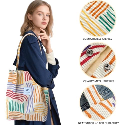 KEYRI Corduroy Totes Bag Women's Shoulder Handbags Cord Bag Large Reusable Carry Bag Pocket Big Capacity Shopping Bag Colourful Stripes Shoulder Bag for School College Travel Work Casual (Colourful) — view 5