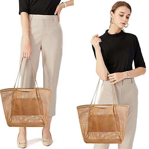 flintronic Mesh Beach Bag, Summer Beach Bag Oversized Ladies Tote Bag Shoulder Bag with Zipper Pockets Mesh Nylon Bag, Perfect for Beach Party Travel Picnic Vacation Shopping - Brown — view 2