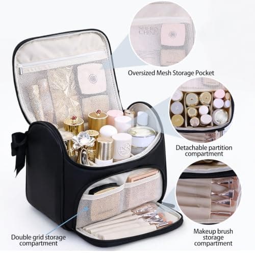 Large Makeup Bag Cosmetic Bags for Women, Make Up Travel Bag Organiser with Brush Compartments & Adjustable Dividers, Storage Case Portable PU Leather Vanity Cases Toiletry Bag - Black — view 3