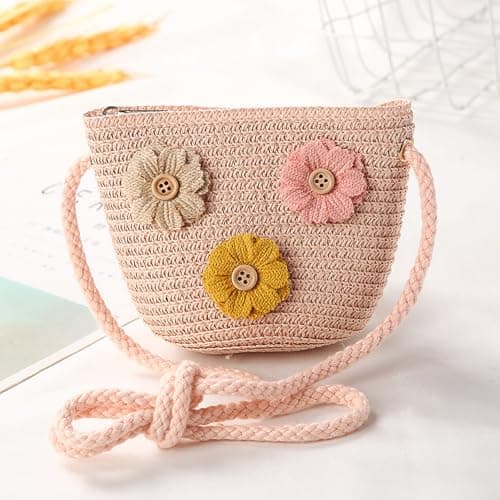 AWAVM Girls Crossbody Bag Set - Cute Toddler Handbag With Flower Sunglasses, Adjustable Braided Purse For Childen(Pink/Beige, 12x14cm) (Pink 3flower) — view 3