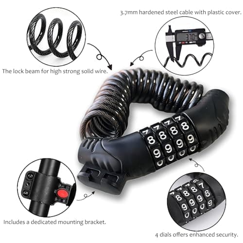 Aguhus Motorcycle Helmet Lock, Compact Bike Lock, 4 Digit Waterproof Cable Lock, Bicycle Lock Combination, Portable Combination Lock for Bicycle, Stroller, Luggage, Helmet and Others (Black) — view 2