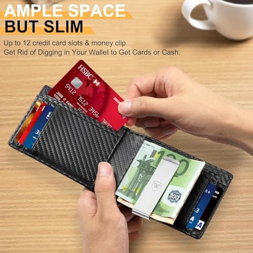 WONSEFOO Wallets Mens Slim RFID Blocking Carbon Fiber for Men UK with up to 12 Credit Card Slots, Strong Money Clip, Minimalist Bi-Fold Gift Box - Black, 11.5 x 8.5 x 1.5 cm — view 2