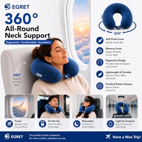 Egret Memory Foam Travel Neck Pillow, 360° Head, Neck & Chin Support, 2-Level Adjustable Neck Pillow for Travel with Removable Washable Cover, for Long Flights (Navy Blue — view 3