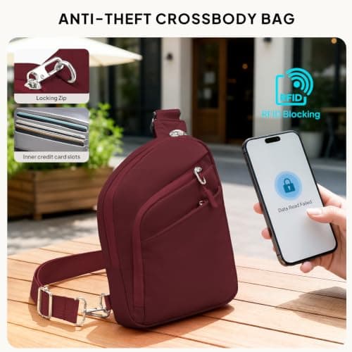 TOPEAST Anti Theft Crossbody Bags for Women Men, Small Sling Crossbody Bag Travel Purse Shoulder Wallet with RFID Blocking, Burgundy, Anti-theft Crossbody Travel Bag for Women & Men — view 5