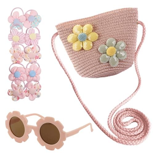 DAVBNM Cute Floral Straw Crossbody Bags Girl Shoulder Bag Girls Handbags Toddler Handbag, Braided Floral Princess Bag Woven Straw Bags + Flower Sunglasses & Floral Headbands for Shopping School Travel