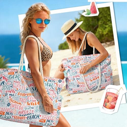 Large Beach Bag for Women with Zip,Summer Beach Tote Bags with Pockets — view 3
