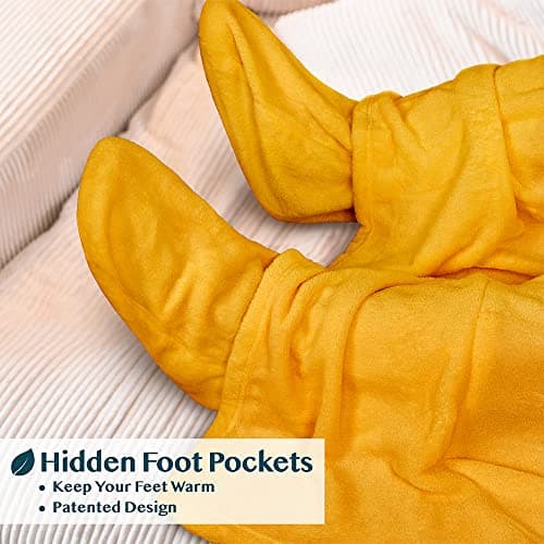 PAVILIA Fleece Blanket with Sleeves, Foot Pockets for Women Men Adults, Plush Wearable Blanket Throw Wrap, Warm Snuggle Blanket Robe, Cozy Gift Ideas Wife Mom, Mustard Yellow — view 2