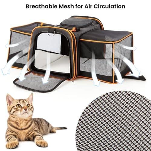 Soft Sided Portable Cat Carrier with Extendable Space & Fleece Bed Foldable Pet Carrier for Cats/Small Dog/Bunnies With Adjustable Shoulder Strap & Removable Mat (Orange) — view 3