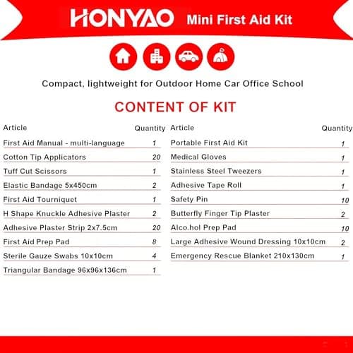 HONYAO First Aid Kit 90 Pcs, Small Travel First-Aid Bag, Mini Compact Survival Kit for Travel Car Home Workplace Kids Camping Hiking Motorbike Holiday, Red — view 5