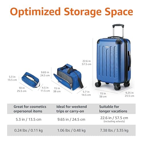 Amazon Basics Hardside Carry-On Spinner Luggage Set, 3-Piece, Carry-On Suitcase, Tote Bag, Compact Travel Bag, Expandable, 4 Spinner Wheels, Navy Blue — view 4