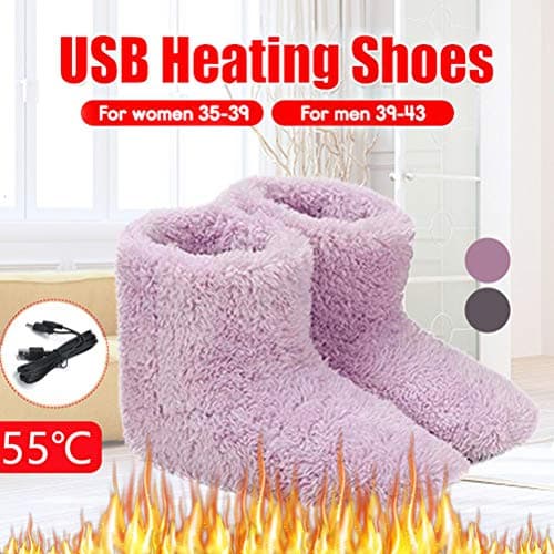 POENVFPO Winter Foot Warmer Shoes, Soft Electric Heating Shoes Plush USB Heated Snow Boots Carbon Fiber Heating Washable for Skiing Travel Office Home Women Men (Pink) — view 5
