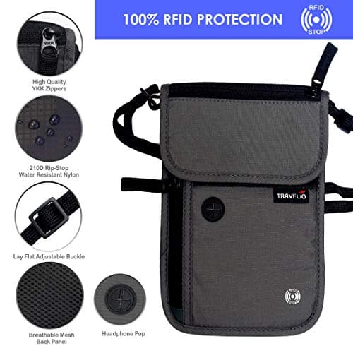 Passport Holder Men & Women RFID Blocking Hidden Travel Neck Wallet Stash Pouch (Grey) — view 3