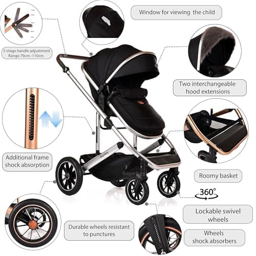Baby 3 in 1 Travel System Pram with Car Seat Stroller 3 in 1 Buggy Pushchair Child Lightweight Folding Stroller Pram for Newborns Toddlers from Birth (Black Silver Frame) — view 4