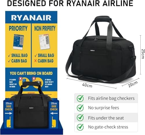 ECOHUB Cabin Bag 40x20x25 for Ryanair Under Seat Flight Bag Recycled PET Eco Friendly Travel Holdall Hand Luggage, Carry On Duffel Bag for Women Men, Patented (Black) — view 2