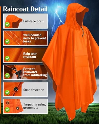 Lorrtta Adult Rain Poncho – Waterproof Reusable Hooded Poncho with Brim, Lightweight & Breathable Design for Camping, Hiking, and Travel Orange — view 2