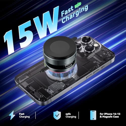 CloudValley for MagSafe Car Mount Charger, 15W Wireless Rapid Charging & 360° Rotating Vacuum Suction Cup, Magnetic Phone Holder with RGB Light for iPhone 17/16/15/14/13/12/Dash/Windshield/Screen — view 3
