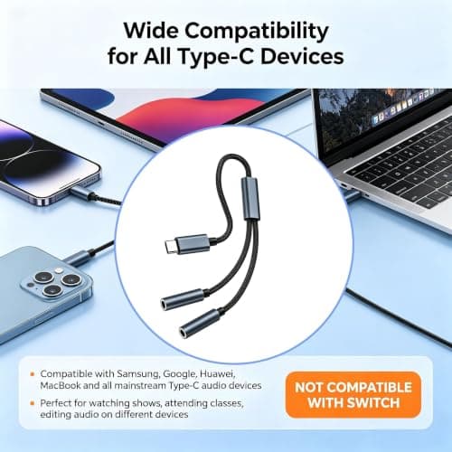 1 Pack USB C to Dual 3.5mm Aux Audio Cord Jack headphone splitter Adapter — view 5