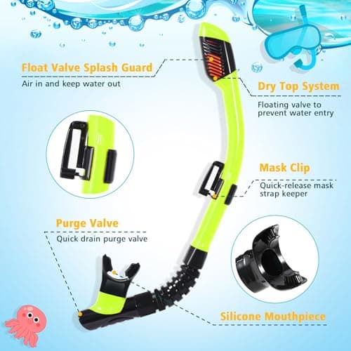 HIKOTEY Children's Snorkel Set,Panoramic Wide View Diving Mask,Snorkeling Gear Anti-Leak and Anti-Fog Tempered Glass Lens,Dry Snorkel Tube,Includes Earplugs and Nose Clip for Age 4-16 Years(Yellow) — view 4