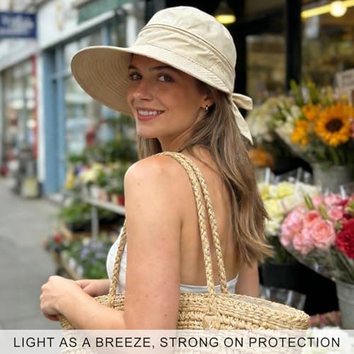 ADUDVLO Sun Hats for Women UK, Stylish UPF 50+ 2-in-1 Detachable Top & Adjustable Visor, Foldable Packable Wide Brim Beach Hat for Travel & Outdoor (Beige) — view 6