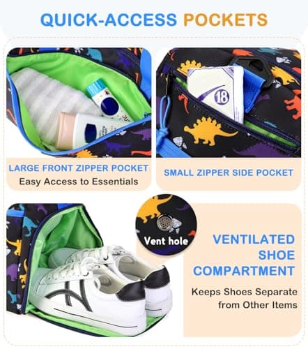 Overnight Bag for Kids, VASCHY Large Capacity Travel Duffle Bag for Boys Lightweight Holdall Bag Weekender Bag with Shoes and Seperated Dry Wet Compartment for School, Dance, Sport(Blue Dinosaur) — view 3