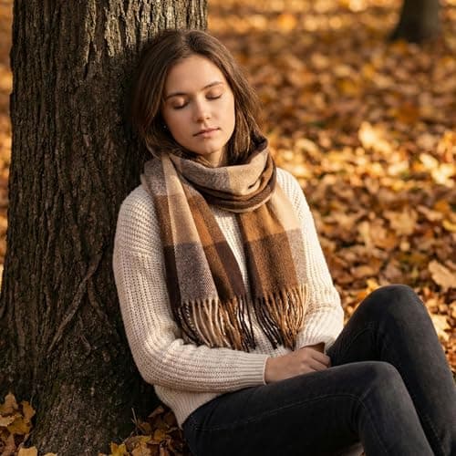 Women's Brown Check Scarf, Rectangular Fringed Wrap, Neutral Tones — view 4