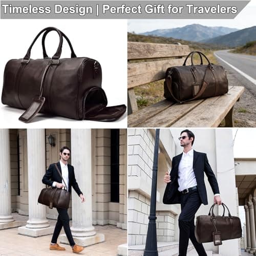 Yevabo Genuine Leather Duffel Bag for Men & Women, Cabin Friendly Carry-On Weekender Bag for Gym Travel Overnight Trips, Brown — view 6