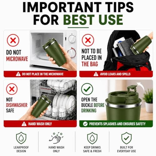 wowtravel Insulated Travel Mug Stainless Steel Coffee Cup Leakproof Vacuum Flask Hot and Cold Drinks 380ml 500ml Reusable Cup with Lid Fits Car Cup Holder Black Khaki (Black, 380ml) — view 6