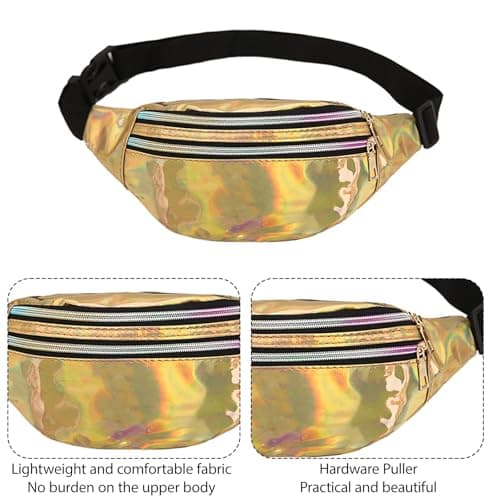 GWAWG Metallic Fanny Pack with Adjustable Strap, 3 Compartments, Waterproof Stylish Waist Bag in Multi Laser Flash Colors, Perfect for Everyday Use Party Carnivals Unisex Accessory — view 3