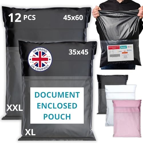 12 Postage Bags for Clothes Vinted with Label Pouch – 2 Sizes XL/XXL – Waterproof Tear-Proof Plastic Mailing Parcel Bags – Strong Durable Self-Seal Shipping Packaging for Online Sellers & Vinted Users
