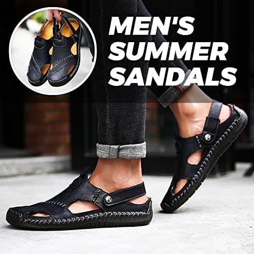 Rojeam Mens Casual Synthetic Leather Sandals Closed Toe Beach Slippers Flat Shoes Summer Sandals for Hiking Trekking, Black, 8.5 UK — view 5