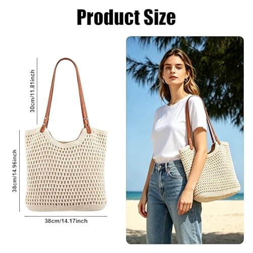Synther Straw Bag for Women, Beige Straw Beach Bag with Zip, Large Capacity Summer Crochet Beach Bag Bohemian Woven Tote Bag Shoulder Bag for Travel Holiday Shopping Daily Use — view 2