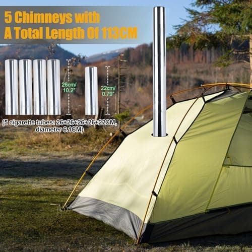 Hot Tent Stove with 5 Pipes Accessories, Wood Burning Camping Stove, Visible Window Side Panels Heating Cooking Wood Burner Stoves for Picnic Fishing Hiking (Silver) — view 2