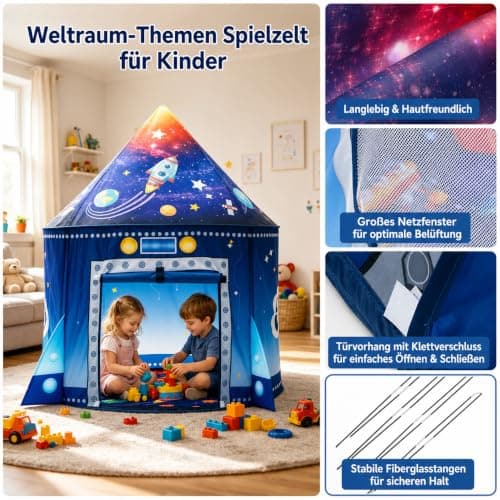 Rocket Space Ship Play Tent for Kids, Astronaut Themed Pop Up Playhouse, Indoor Outdoor Foldable Space Adventure Tent Birthday Gift for Boys and Girls — view 3
