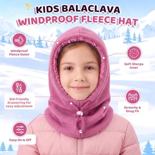 Beehow Kids Balaclava Winter Windproof Fleece Hat – Ski Mask for Boys Girls, Soft Sherpa Lined Stretch Fit for 6-12 Years (Rose Red) — view 3