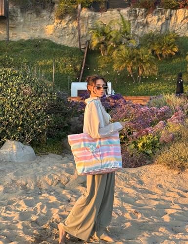 G4Free Foldable Beach Bags for Women, Sandproof Waterproof Beach Tote Bags with Double Handle, Lightweight Compartment Pool Travel, Rainbow Ripples — view 3