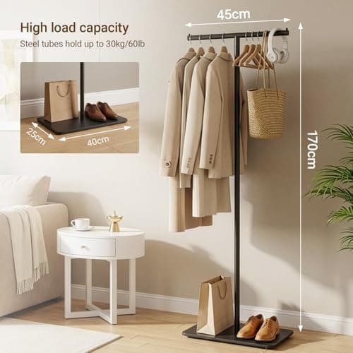 T Shaped Coat Rack Clothes Rail 170cm with Rock Slab Base Garment, Freestanding Coat Stand Heavy Duty Metal Modern Hanger Max Load 30kg for Hanging Coats, Jackets, and Bags, Bedroom Entryway Black — view 2