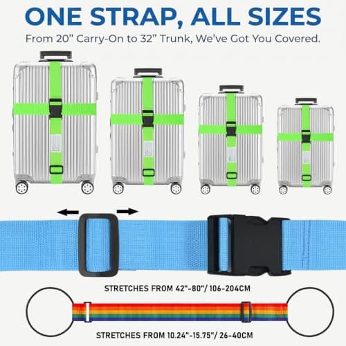 6 Pcs Adjustable Luggage Straps for Suitcases - 2 SkyBlue + 2 Green Personalised Luggage Belt with Luggage Labels for Travel, Flight, Vacation, Trip, 2 Elastic Bungee Straps Add Bag for Trolley Case — view 3