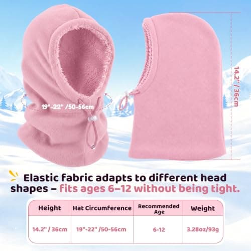Beehow Kids Balaclava Winter Windproof Fleece Hat – Ski Mask for Boys Girls, Soft Sherpa Lined Stretch Fit for 6-12 Years (Light Pink) — view 6