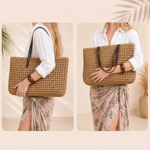 Large Straw Woven Summer Beach/Shopper Tote Handbag (Brown) — view 2