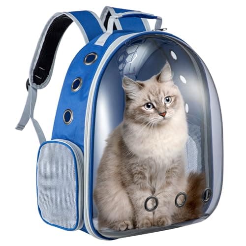 LN COZY CORNER Transparent Bubble Cat Backpack –Space Capsule Pet Carrier Backpack with Hard‑Shell Dome, Breathable Mesh & Padded Straps – Hands‑Free Travel Cat Bag Carrier (Blue)