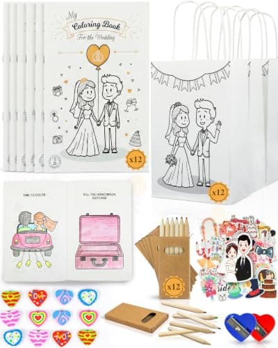 Pack of 12 Kids Wedding Activity Packs – Includes Wedding Colouring Books for Children, Crayons, Gift Bags – Fun Party Favours and Games to Keep Little Guests Entertained – Unique Favours for Guests