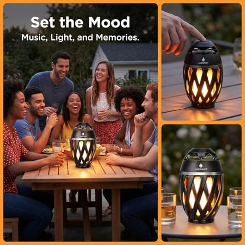 ANERIMST Outdoor Bluetooth Speakers, Waterproof Wireless Speakers with Torch Flame Light, Cool Gadgets for Men Women, LED Lantern for Gardening Camping Patio, 2 Pack (Black) — view 3