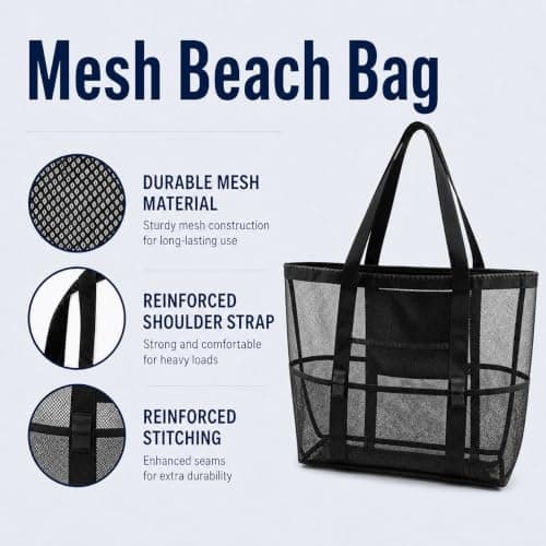 Large Mesh Beach Bag for Women and Men Tote Bag with 8 Pockets for Towels toiletries slippers cups and toys,Beach Essentials Ideal for Swimming Pool Vacation and Travel Lightweight Foldable (Black L) — view 5