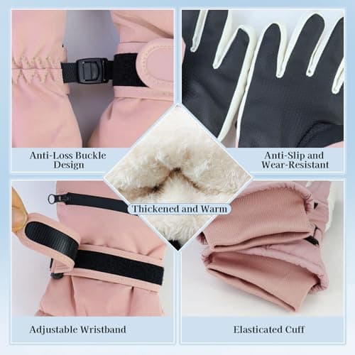 Feelorna Waterproof Ski Gloves for Women, Winter Plush Lining Thermal Touchscreen Gloves with Zip Pocket, Windproof Anti-slip Warm Snow Glove for Skiing Bike Motorcycle Cycling (pink) — view 3