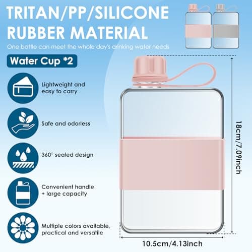 YUEKUNTJ 2Pcs 500ml Leak Proof Slim Water Bottle, Portable Flat Water Bottle Flask, Plastic Drinking Flask for Travel, with Handle for Outdoor Fitness Sport Cycling Work School(gray pink) — view 2