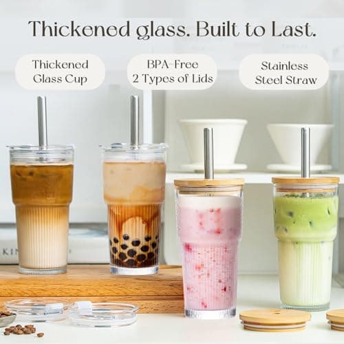 KEMORELA 2-Pack 20oz/600ml Ribbed Glass Tumblers with 2-in-1 Leak-Proof Lids & 13mm Stainless Steel Straws – Reusable Drinking Cups for Iced Coffee, Boba, Smoothies, Cold & Hot Drinks, Travel Cups — view 2