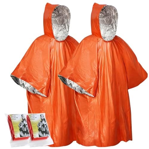 Wihozte Emergency Survival Poncho Foil Blanket Insulation Poncho for Outdoor Survival Family Car Events, 100×130cm Mylar Foil, Windproof Waterproof Insulated, Orange Silver, 2PCS
