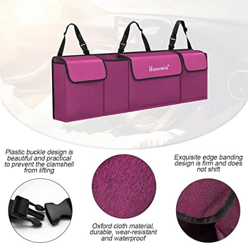Hanemia Car Trunk Organizer, Backseat Hanging Storage with 4 Large Pockets, Collapsible Cargo Bag with Adjustable Straps Frees Trunk Floor, Sturdy Space Saving Expert for SUV, Truck, Van (Purple) — view 3