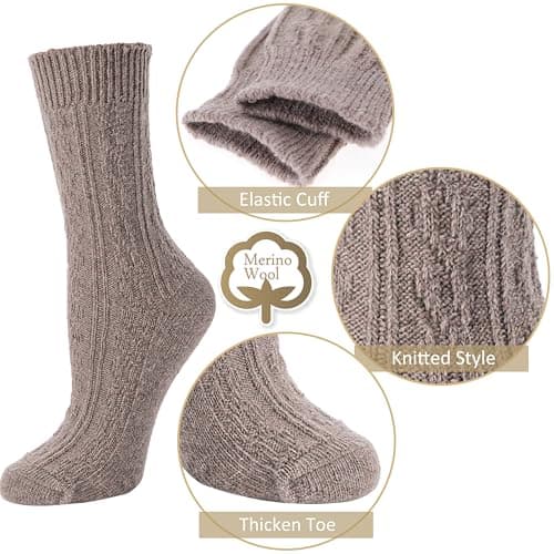 EBMORE Womens Merino Wool Thermal Socks Walking Warm Winter Thick Hiking Comfy Work Soft Boot Winter Cold Socks for Ladies 5 Pack Stocking Fillers(Khaki Series) — view 4